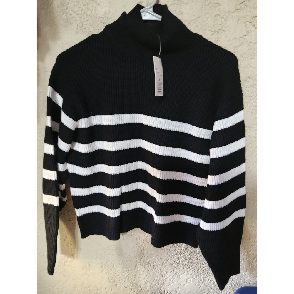 A New Day Womens XS Black White Striped Mock Neck Ribbed Knit Sweater NWT